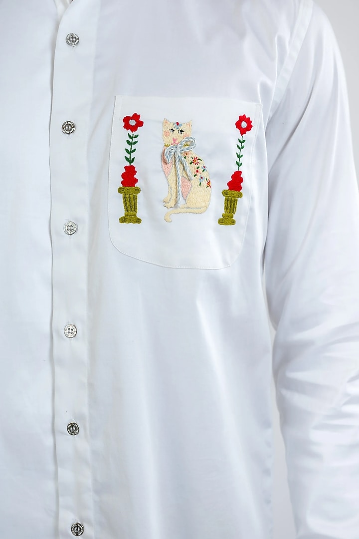 White Cotton Hand Embroidered Party Wear Shirt by VAANI BESWAL MEN at Pernia's Pop Up Shop