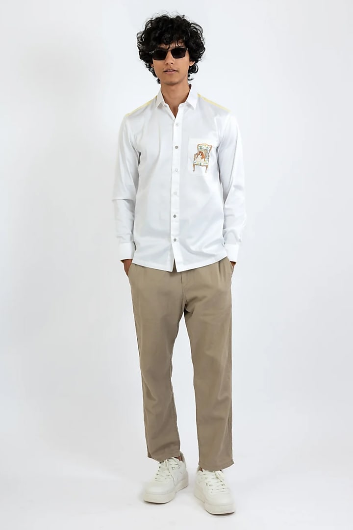 White Cotton Hand Embroidered Shirt by VAANI BESWAL MEN