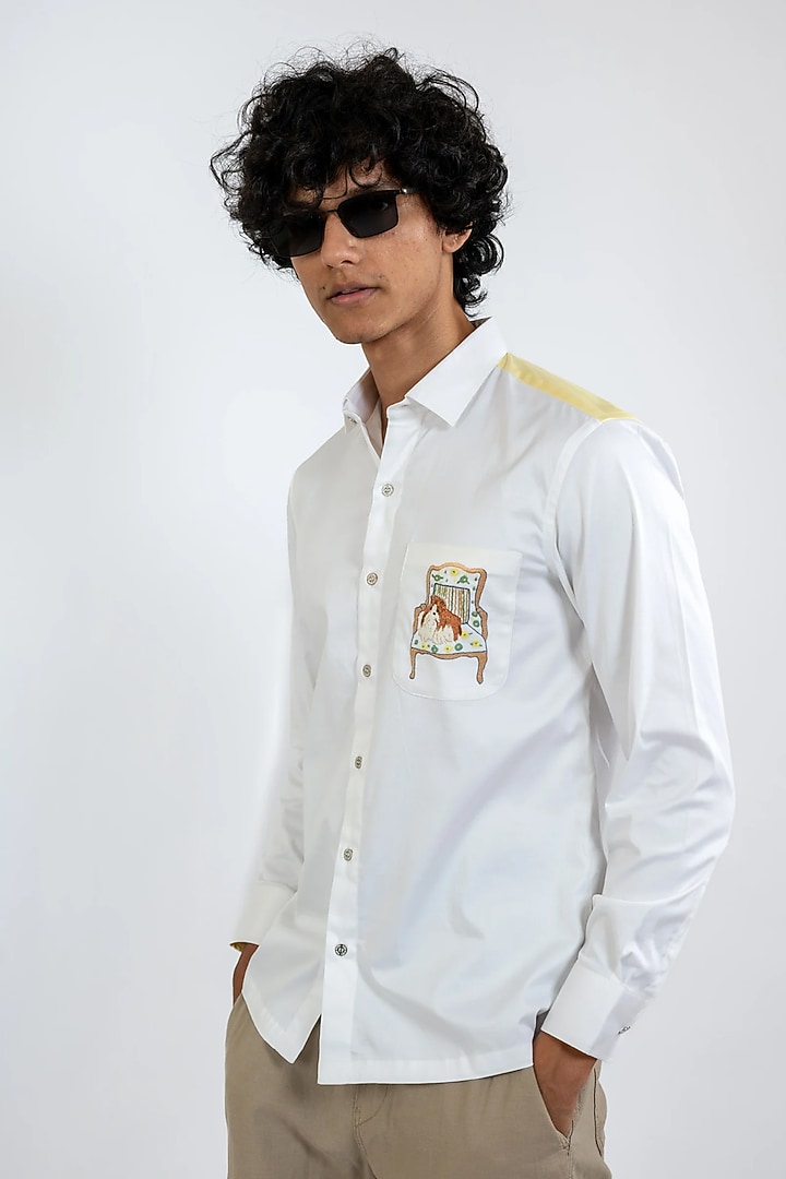 White Cotton Hand Embroidered Party Wear Shirt by VAANI BESWAL MEN at Pernia's Pop Up Shop