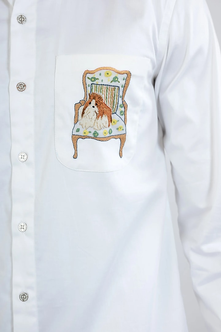 White Cotton Hand Embroidered Party Wear Shirt by VAANI BESWAL MEN at Pernia's Pop Up Shop