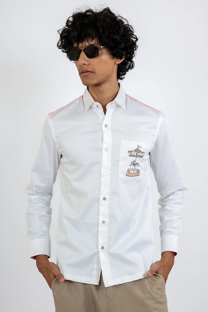 White Cotton Hand Embroidered Party Wear Shirt by VAANI BESWAL MEN at Pernia's Pop Up Shop
