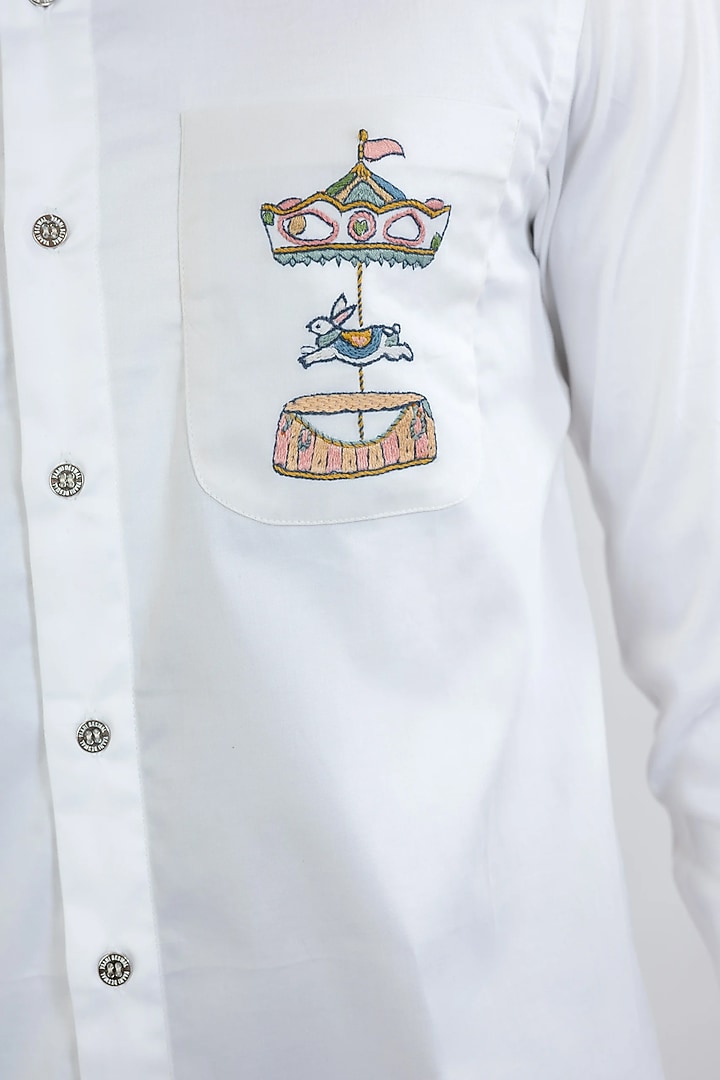 White Cotton Hand Embroidered Party Wear Shirt by VAANI BESWAL MEN at Pernia's Pop Up Shop