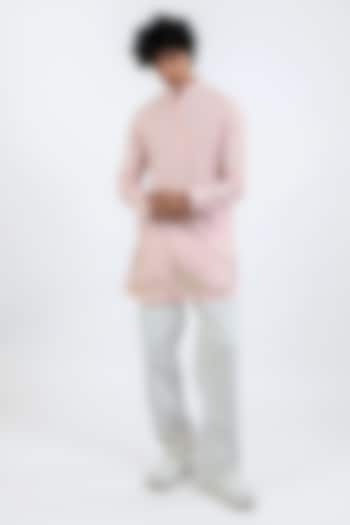 Pink Handwoven Cotton Hand Embroidered Kurta by VAANI BESWAL MEN