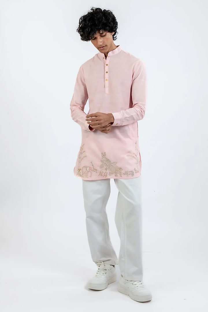 Pink Handwoven Cotton Hand Embroidered Kurta by VAANI BESWAL MEN