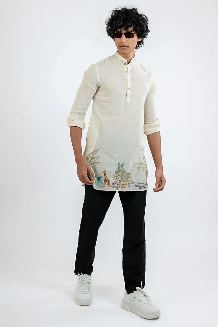 Ivory Handwoven Cotton Hand Embroidered Kurta by VAANI BESWAL MEN