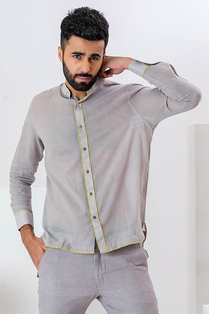 Grey Handwoven Cotton Shirt by VAANI BESWAL MEN