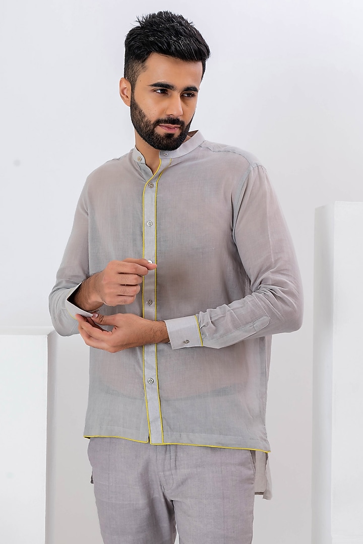 Grey Handwoven Cotton Party Wear Shirt by VAANI BESWAL MEN at Pernia's Pop Up Shop