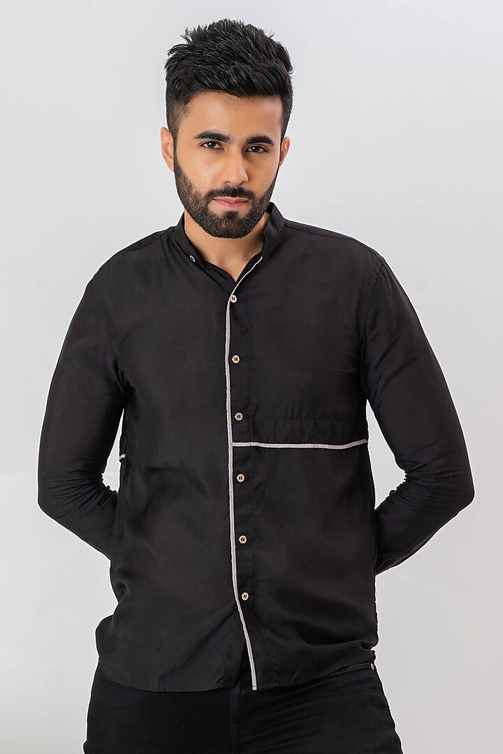 Black Handwoven Cotton Shirt by VAANI BESWAL MEN