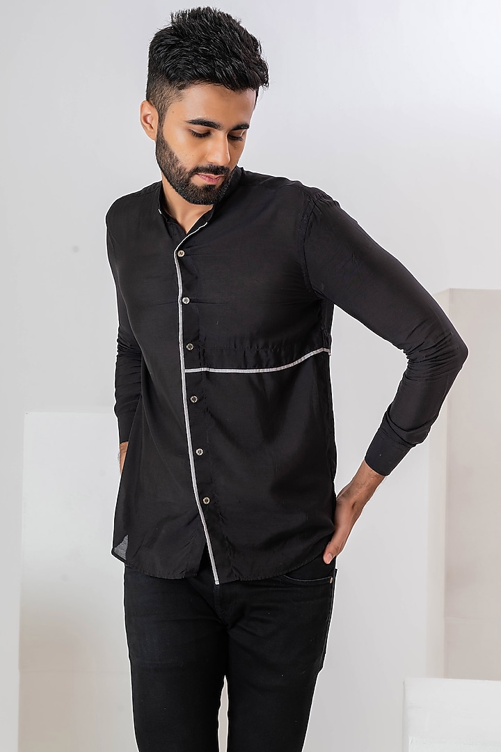 Black Handwoven Cotton Party Wear Shirt by VAANI BESWAL MEN at Pernia's Pop Up Shop