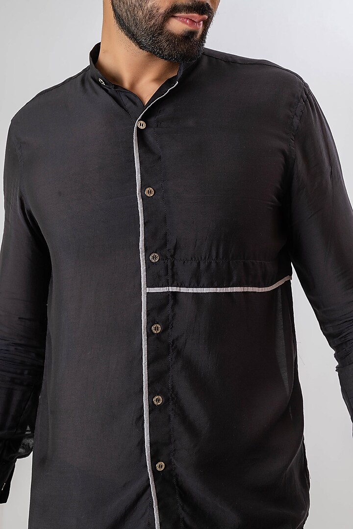 Black Handwoven Cotton Party Wear Shirt by VAANI BESWAL MEN at Pernia's Pop Up Shop