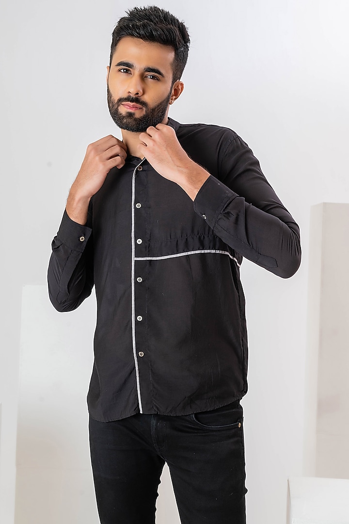 Black Handwoven Cotton Party Wear Shirt by VAANI BESWAL MEN at Pernia's Pop Up Shop