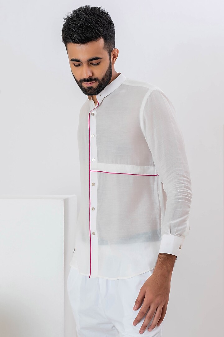 White Handwoven Cotton Shirt by VAANI BESWAL MEN