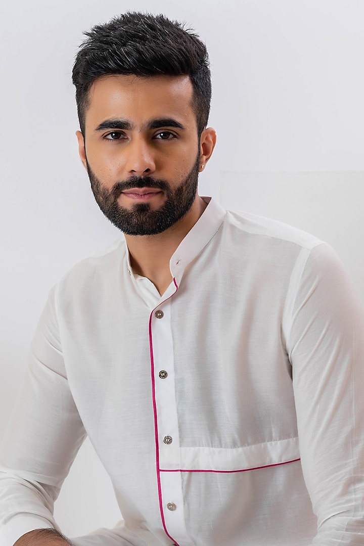 White Handwoven Cotton Party Wear Shirt by VAANI BESWAL MEN at Pernia's Pop Up Shop