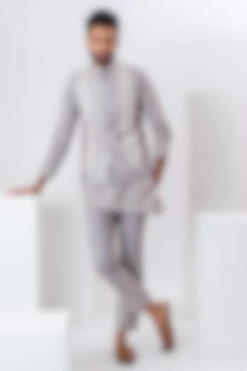Grey Handwoven Chivia Silk Applique Work Bundi Jacket by VAANI BESWAL MEN