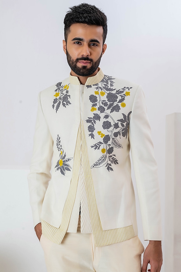 Ivory Matka Silk Hand Embroidered Indowestern by VAANI BESWAL MEN