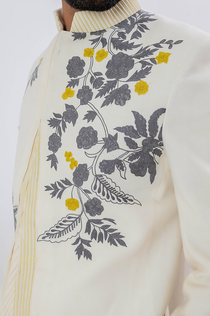 Ivory Matka Silk Hand Embroidered Wedding Indowestern by VAANI BESWAL MEN at Pernia's Pop Up Shop