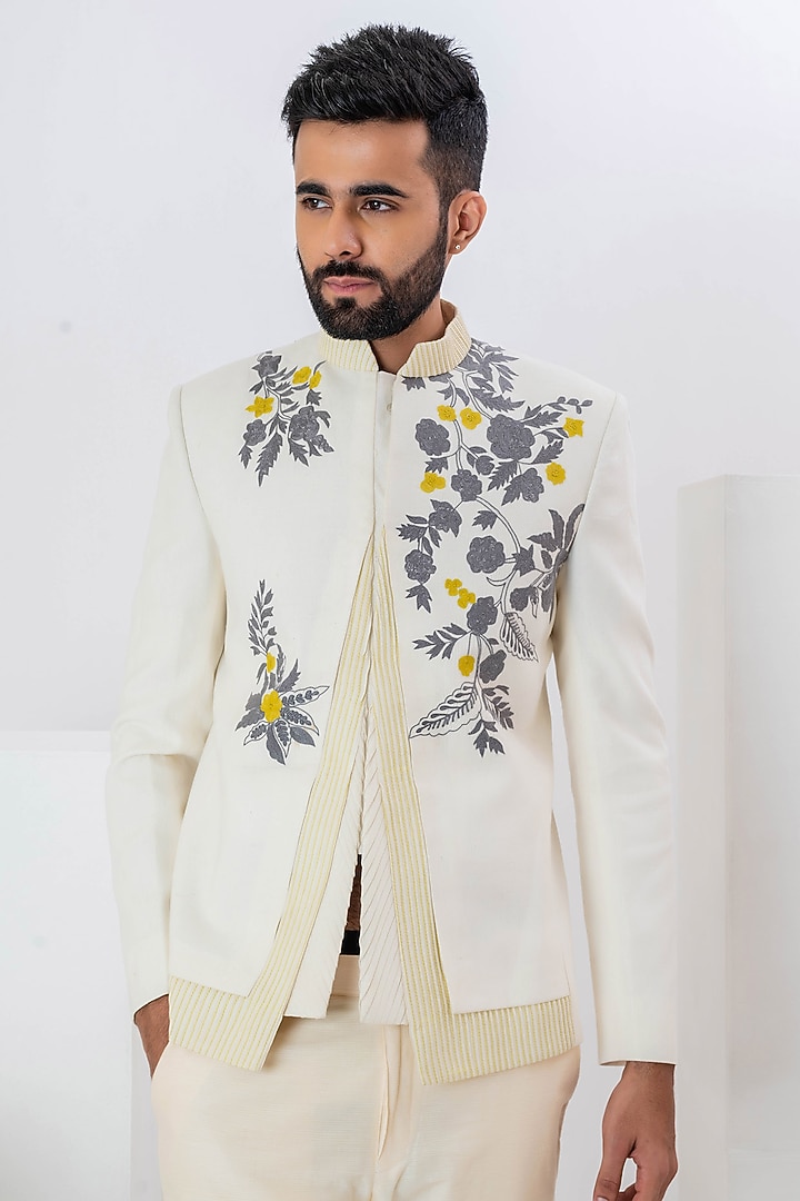 Ivory Matka Silk Hand Embroidered Wedding Indowestern by VAANI BESWAL MEN at Pernia's Pop Up Shop