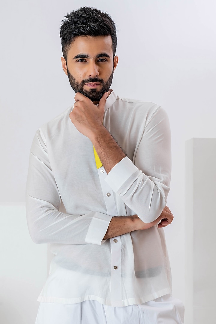 Ivory Muslin Party Wear Shirt by VAANI BESWAL MEN at Pernia's Pop Up Shop