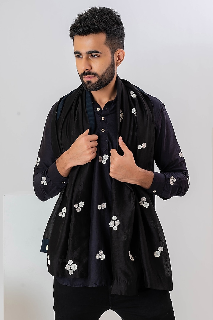 Black Mulberry Silk Hand Embroidered Stole by VAANI BESWAL MEN