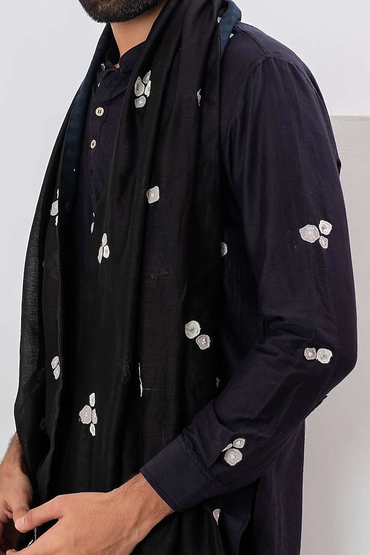 Black Mulberry Silk Hand Embroidered Stole by VAANI BESWAL MEN at Pernia's Pop Up Shop