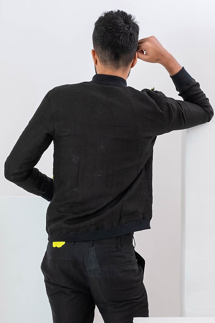 Black Linen Applique Work Bomber Jacket by VAANI BESWAL MEN at Pernia's Pop Up Shop
