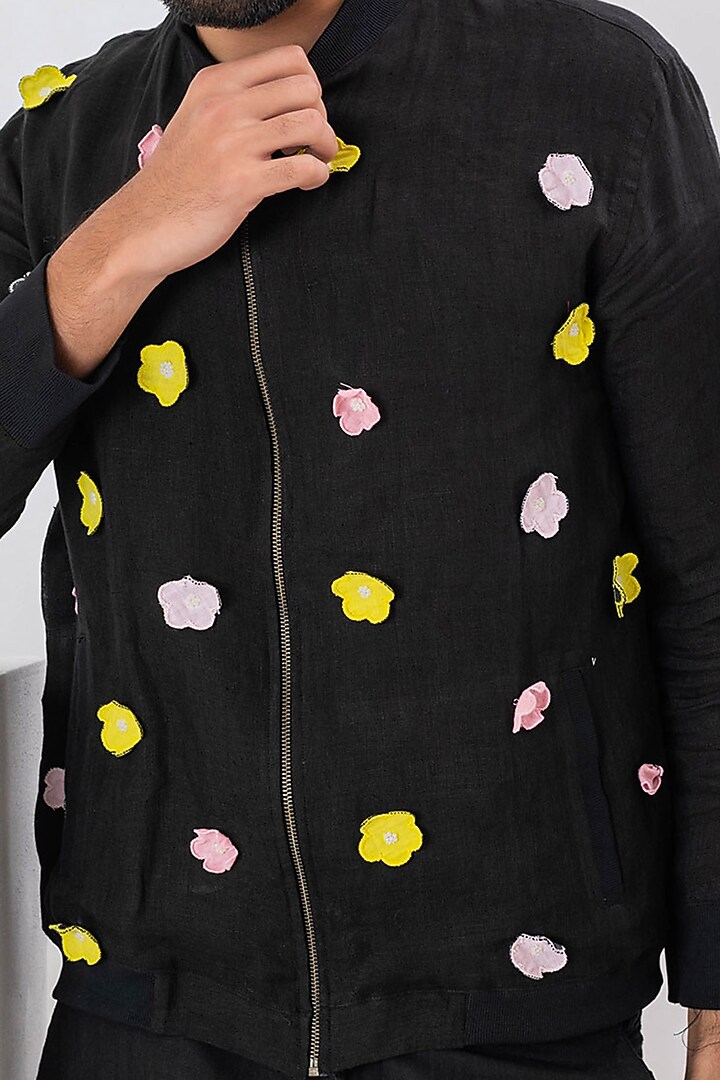 Black Linen Applique Work Bomber Jacket by VAANI BESWAL MEN at Pernia's Pop Up Shop