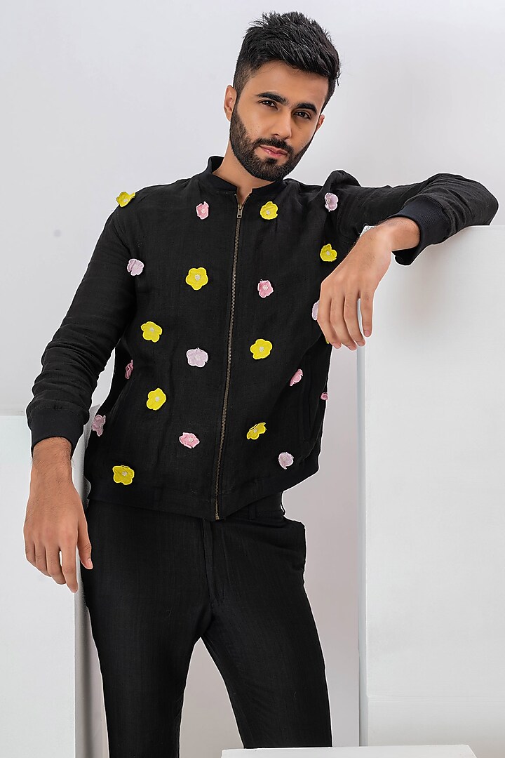 Black Linen Applique Work Bomber Jacket by VAANI BESWAL MEN at Pernia's Pop Up Shop