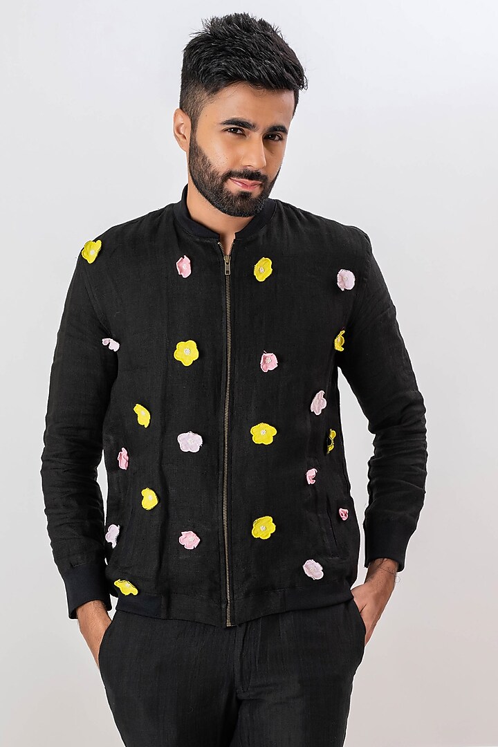 Black Linen Applique Work Bomber Jacket by VAANI BESWAL MEN at Pernia's Pop Up Shop