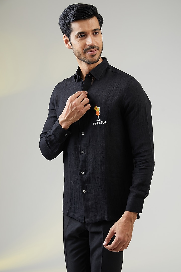 Black Handwoven Linen Hand Embroidered Shirt by VAANI BESWAL MEN