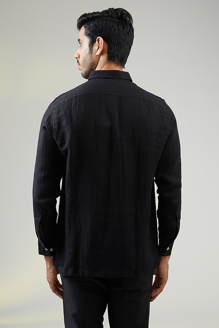 Black Handwoven Linen Hand Embroidered Party Wear Shirt by VAANI BESWAL MEN at Pernia's Pop Up Shop