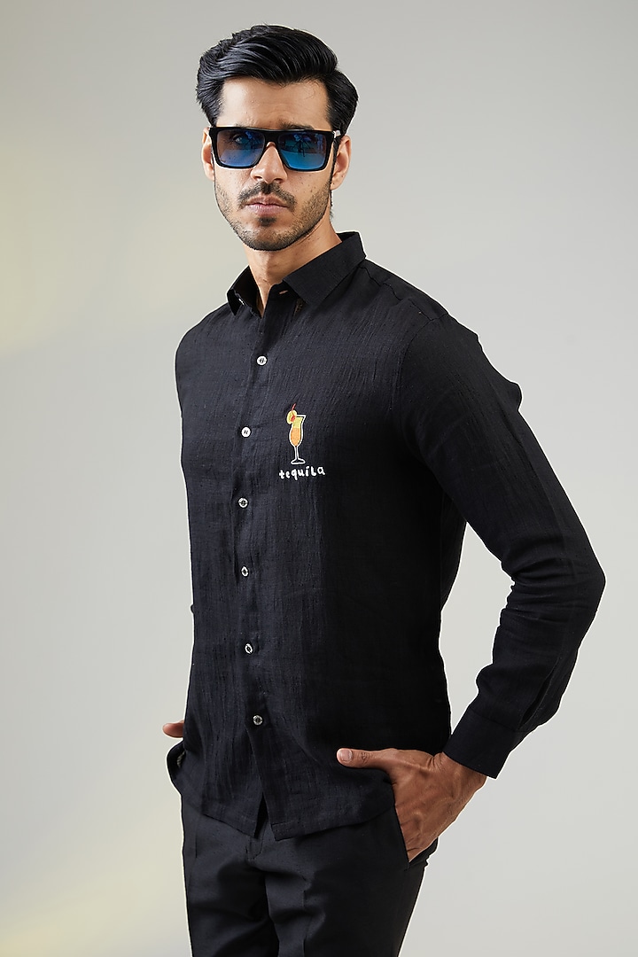 Black Handwoven Linen Hand Embroidered Party Wear Shirt by VAANI BESWAL MEN at Pernia's Pop Up Shop