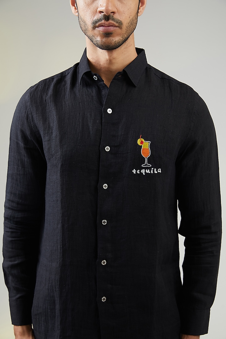 Black Handwoven Linen Hand Embroidered Party Wear Shirt by VAANI BESWAL MEN at Pernia's Pop Up Shop