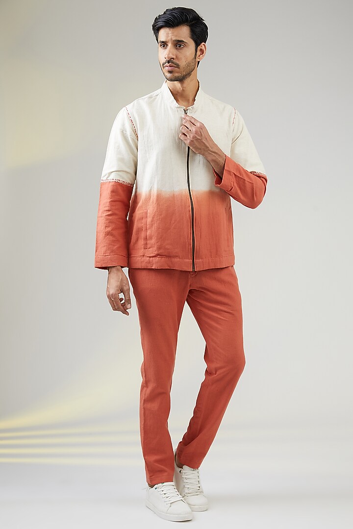 Ivory Handwoven Khadi Cotton Hand Embroidered Bomber Jacket by VAANI BESWAL MEN at Pernia's Pop Up Shop