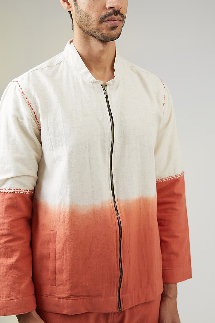 Ivory Handwoven Khadi Cotton Hand Embroidered Bomber Jacket by VAANI BESWAL MEN at Pernia's Pop Up Shop