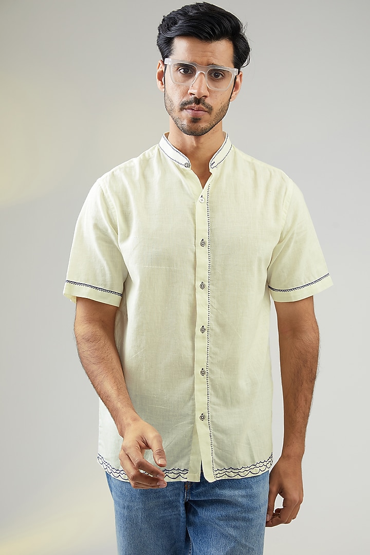 Ivory Handwoven Cotton Hand Embroidered Party Wear Shirt by VAANI BESWAL MEN at Pernia's Pop Up Shop