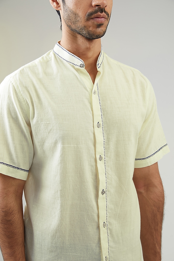 Ivory Handwoven Cotton Hand Embroidered Party Wear Shirt by VAANI BESWAL MEN at Pernia's Pop Up Shop