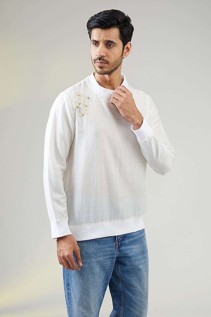Ivory Handwoven Cotton Floral Embroidered Sweatshirt by VAANI BESWAL MEN
