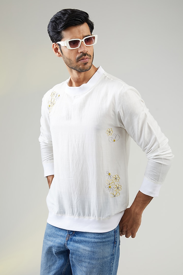 Ivory Handwoven Cotton Floral Embroidered Sweatshirt by VAANI BESWAL MEN at Pernia's Pop Up Shop