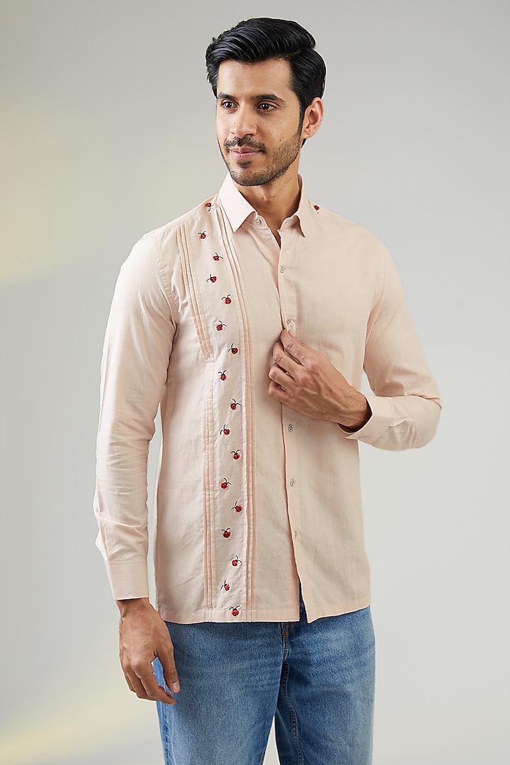 Pink Handwoven Cotton Hand Embroidered Shirt by VAANI BESWAL MEN