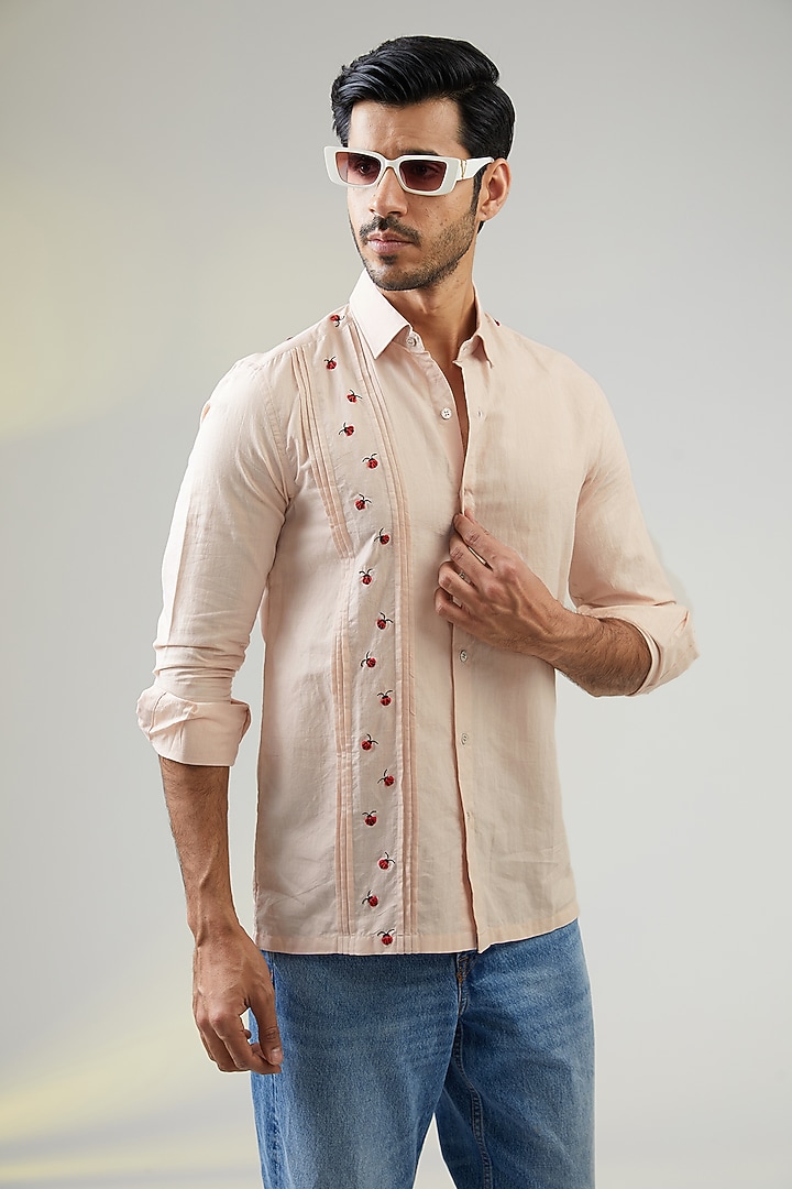 Pink Handwoven Cotton Hand Embroidered Party Wear Shirt by VAANI BESWAL MEN at Pernia's Pop Up Shop