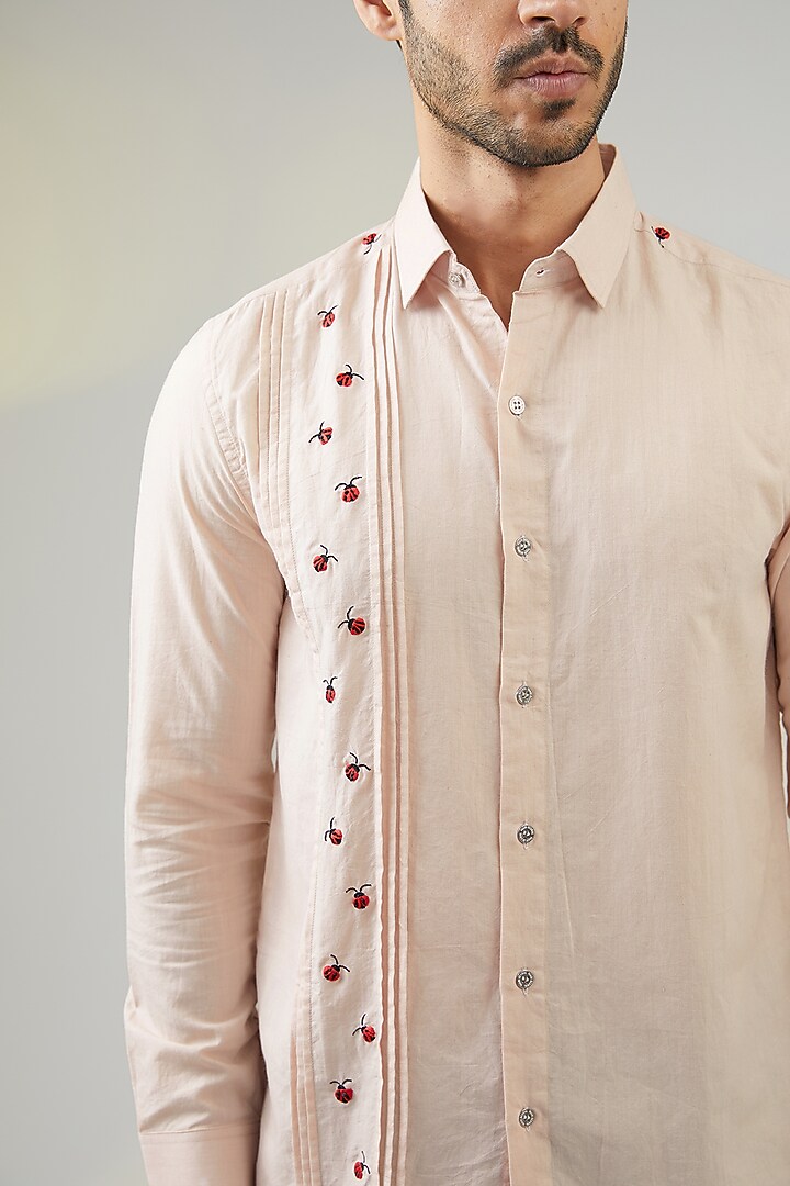 Pink Handwoven Cotton Hand Embroidered Party Wear Shirt by VAANI BESWAL MEN at Pernia's Pop Up Shop
