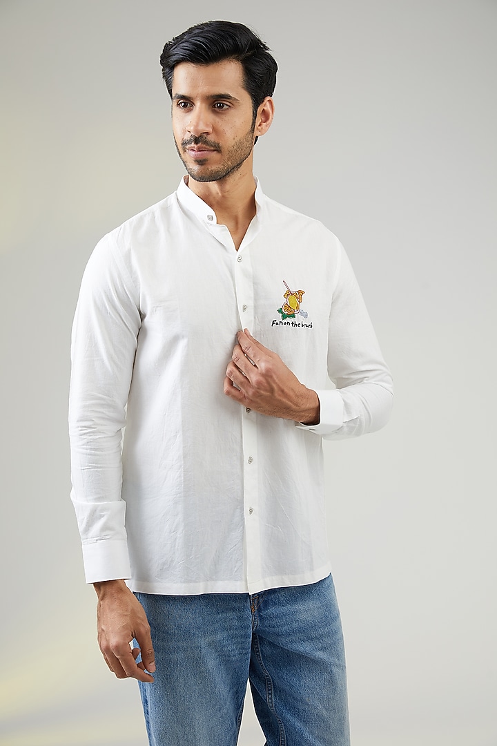 Ivory Handwoven Cotton Hand Embroidered Party Wear Shirt by VAANI BESWAL MEN at Pernia's Pop Up Shop