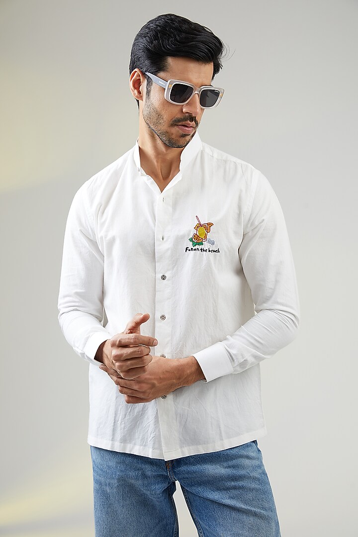 Ivory Handwoven Cotton Hand Embroidered Party Wear Shirt by VAANI BESWAL MEN at Pernia's Pop Up Shop