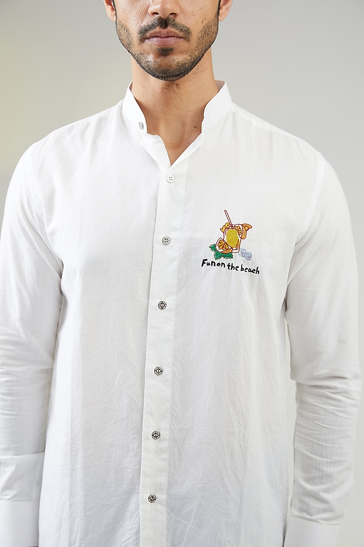 Ivory Handwoven Cotton Hand Embroidered Party Wear Shirt by VAANI BESWAL MEN at Pernia's Pop Up Shop