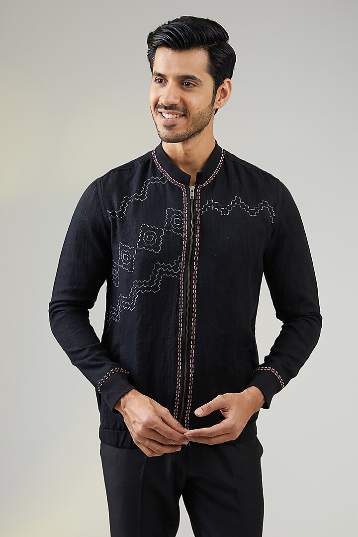 Black Handwoven Linen Hand Embroidered Bomber Jacket by VAANI BESWAL MEN