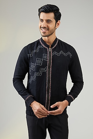 Black Handwoven Linen Hand Embroidered Bomber Jacket by VAANI BESWAL MEN