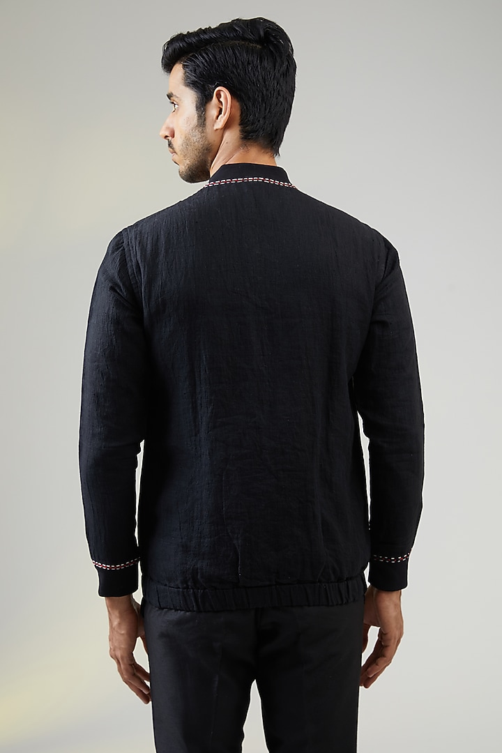 Black Handwoven Linen Hand Embroidered Bomber Jacket by VAANI BESWAL MEN at Pernia's Pop Up Shop