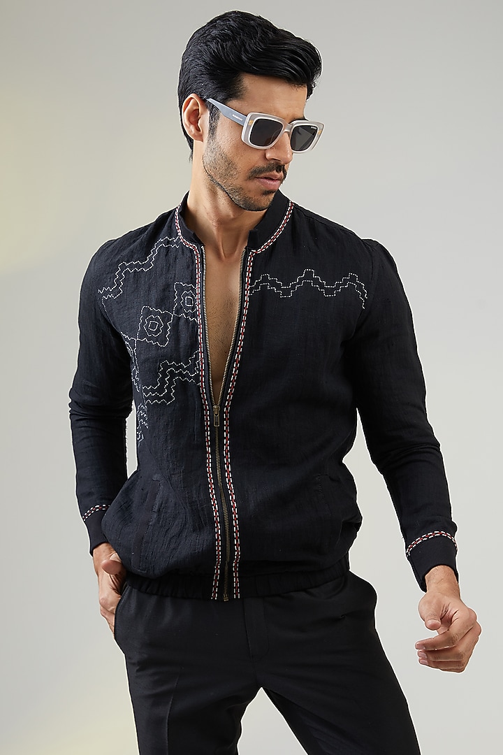 Black Handwoven Linen Hand Embroidered Bomber Jacket by VAANI BESWAL MEN at Pernia's Pop Up Shop