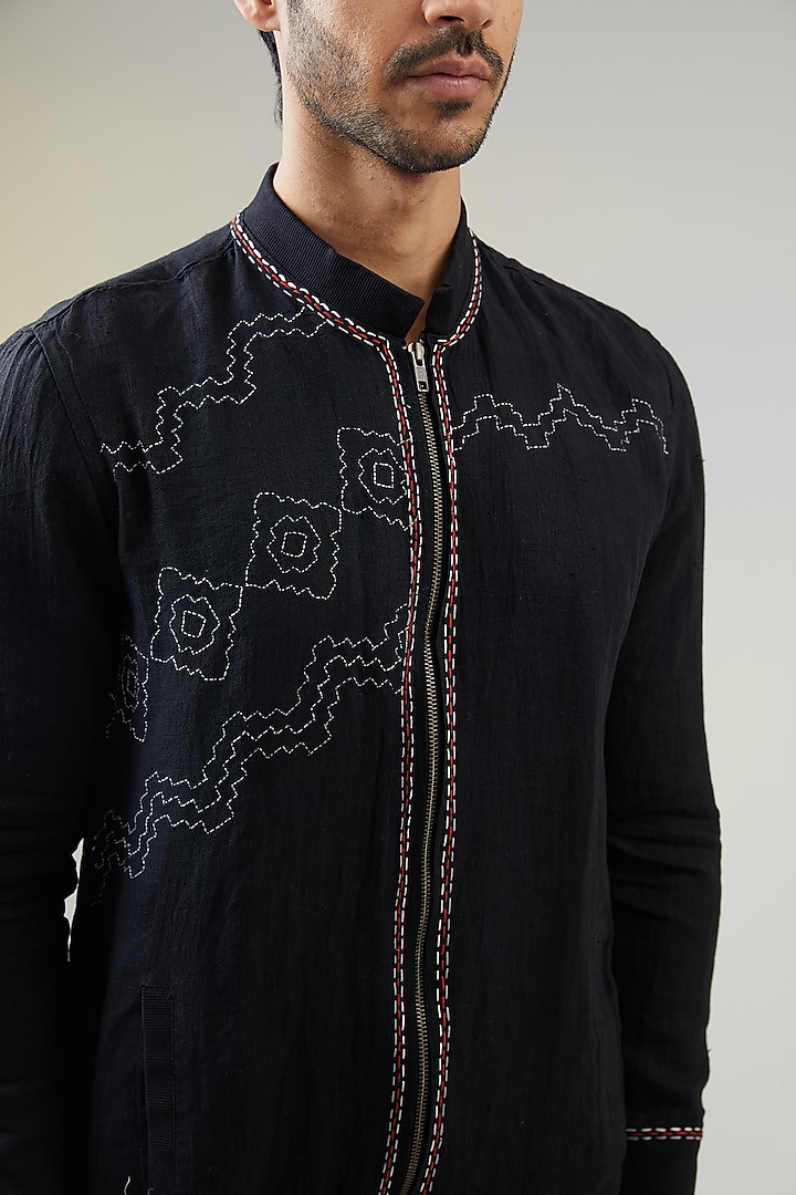Black Handwoven Linen Hand Embroidered Bomber Jacket by VAANI BESWAL MEN at Pernia's Pop Up Shop