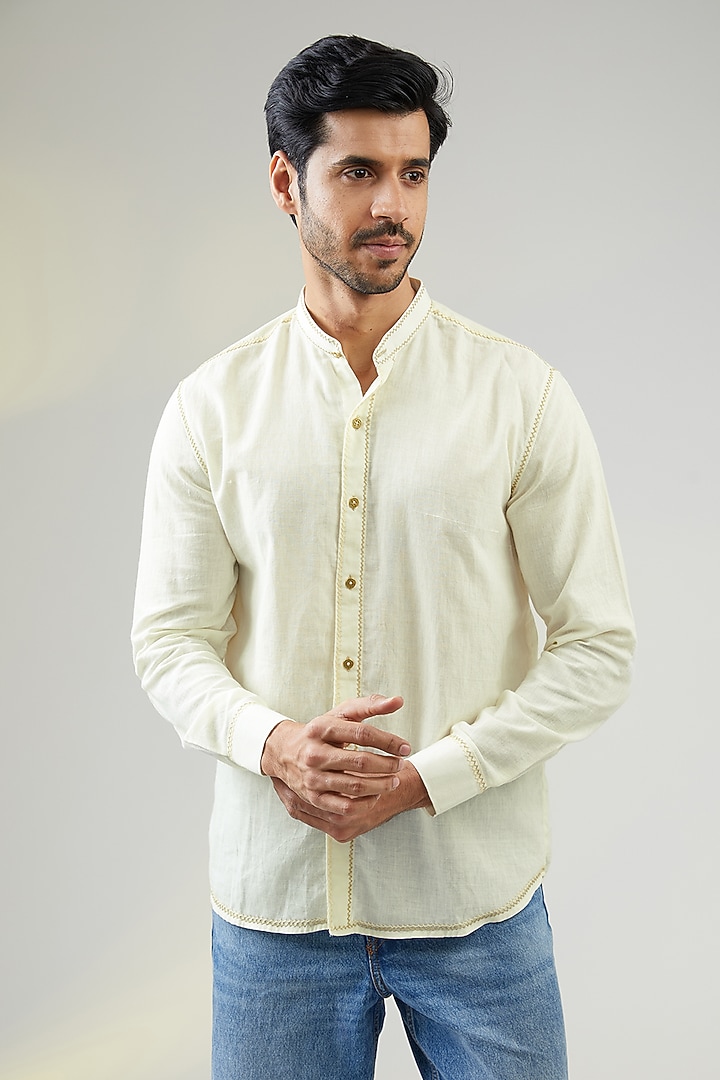 Ivory Handwoven Cotton Hand Embroidered Party Wear Shirt by VAANI BESWAL MEN at Pernia's Pop Up Shop